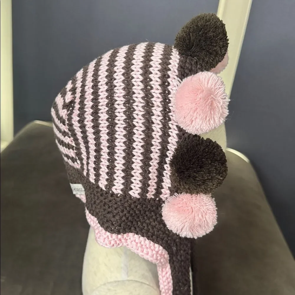 Bebe Chapeau Toddler Girl Patterson Hat Pink Brown Pom Poms 12-24 months NEW